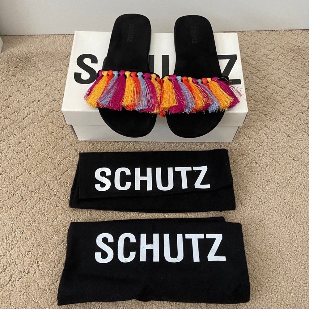NIB Schutz Maduna Multi-Color Tassel Suede Leather Slide Sandals Sz 8